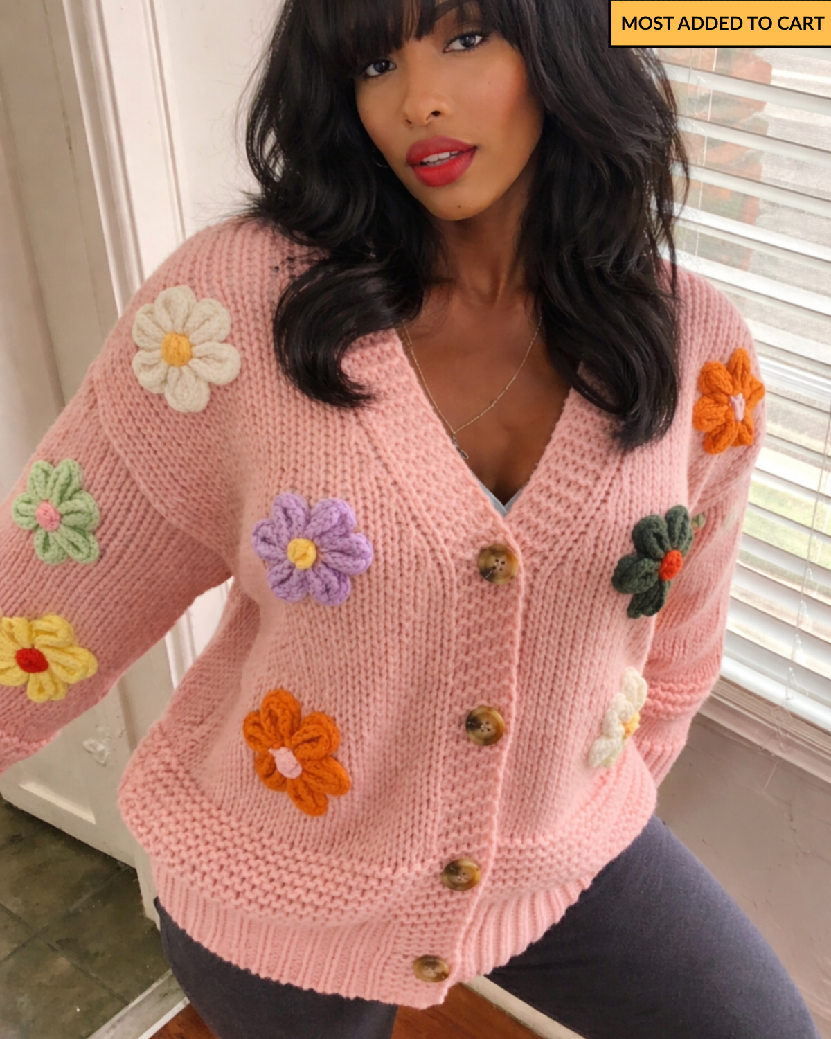 Blush Pink 3D Daisy Flower Chunky Knit Cardigan