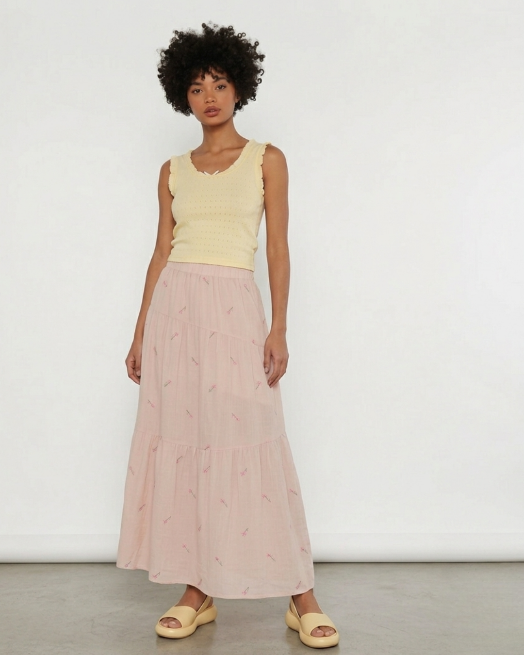 Blush Pink Floral Embroidered Tiered Midi Skirt