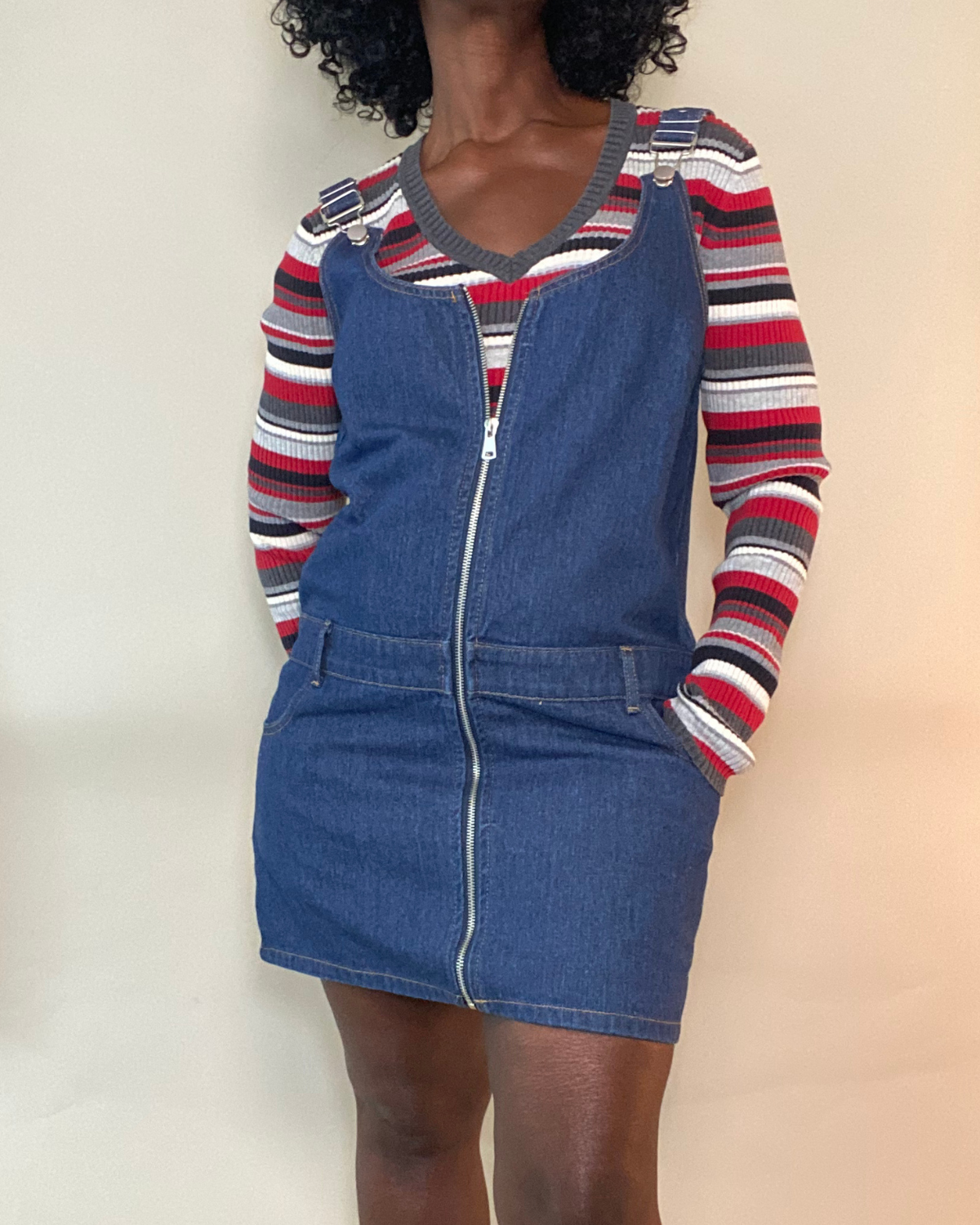 Women’s Zip-Front Overall Denim Mini Dress – Buckle Straps