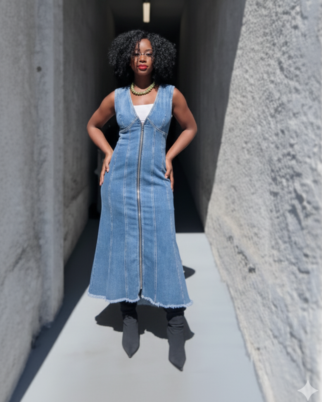 Women’s Long Denim Dress – Classic Blue, Panel Seams, Zip Detail