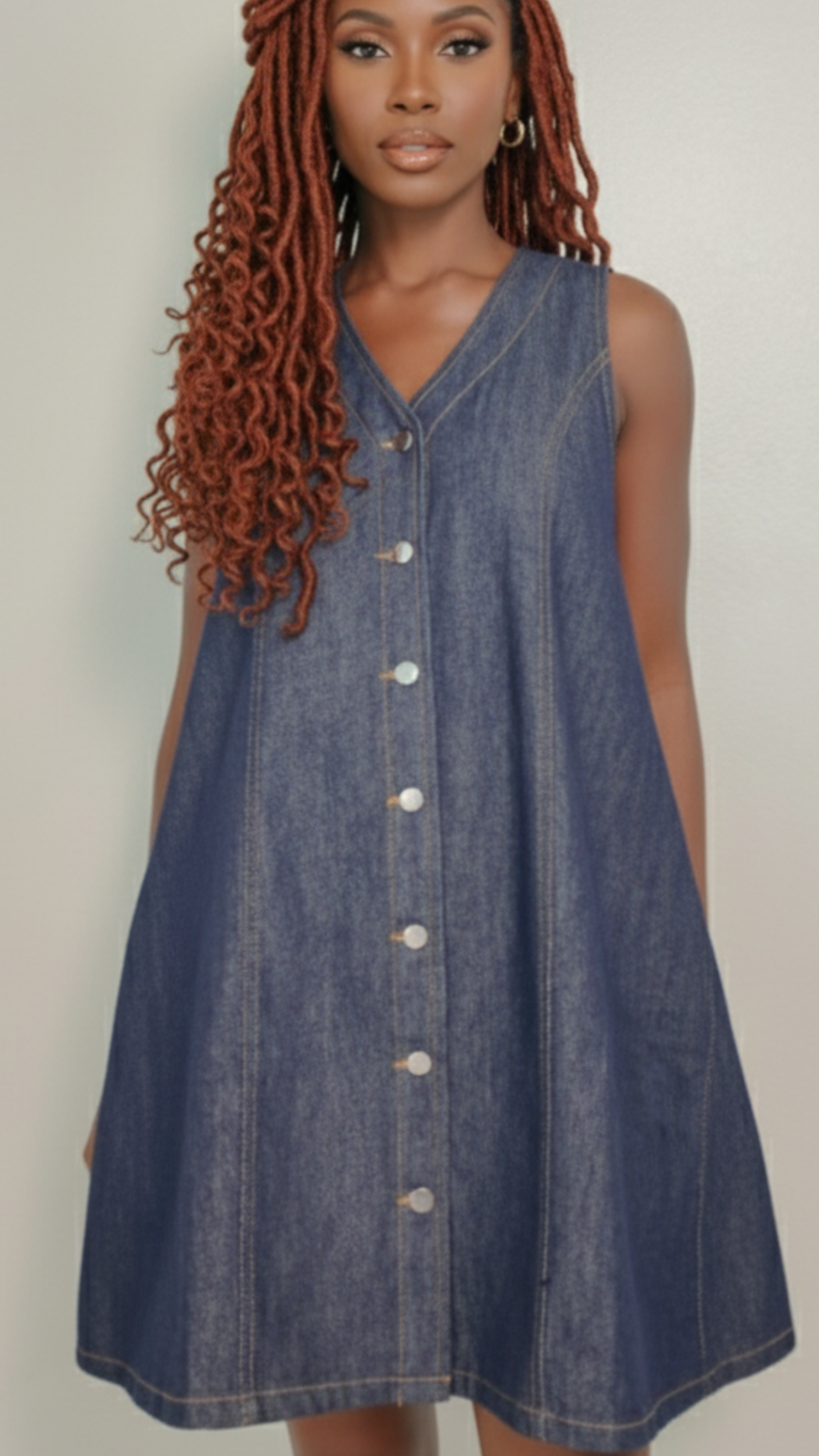 Women’s Denim Babydoll Mini Dress – Dark Rinse, Button Front