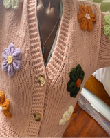 chunky knit cardigan with 3D crocheted daisy flowers - statement floral sweater for layering outfits