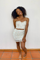 2PC SKIRT SET - SAGE FLORAL CAMI RUCHED