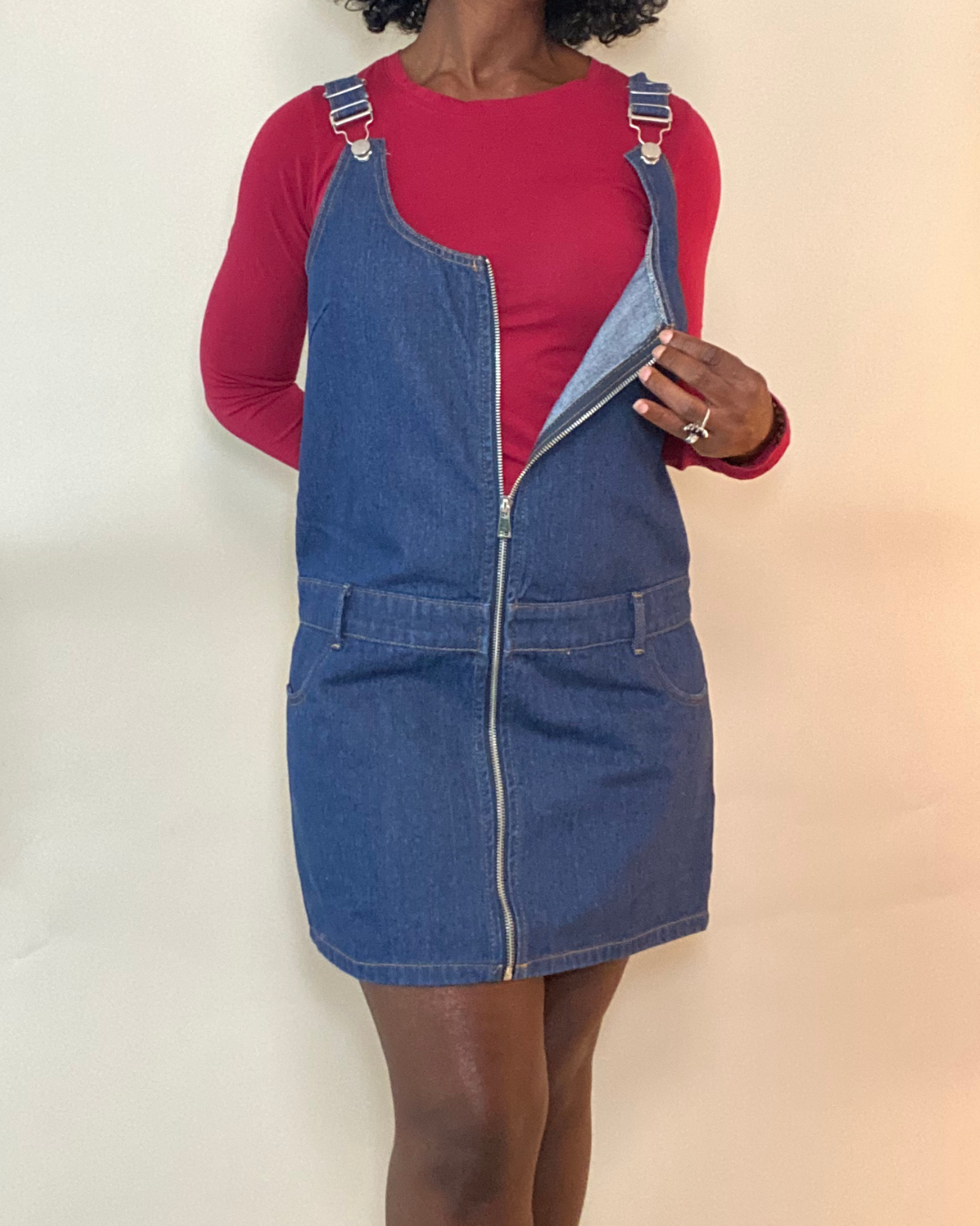 Women’s Zip-Front Overall Denim Mini Dress – Buckle Straps