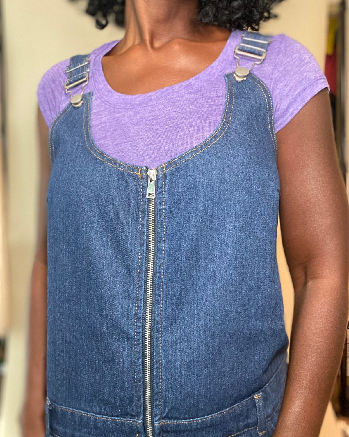 Women’s Zip-Front Overall Denim Mini Dress – Buckle Straps