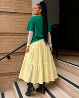 Buttery-Yellow Floral-Embroidered Tiered Midi-Skirt