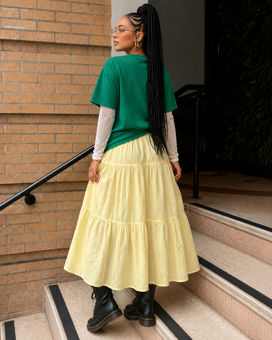Buttery-Yellow Floral-Embroidered Tiered Midi-Skirt
