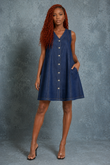 Women’s Denim Babydoll Mini Dress – Dark Rinse, Button Front