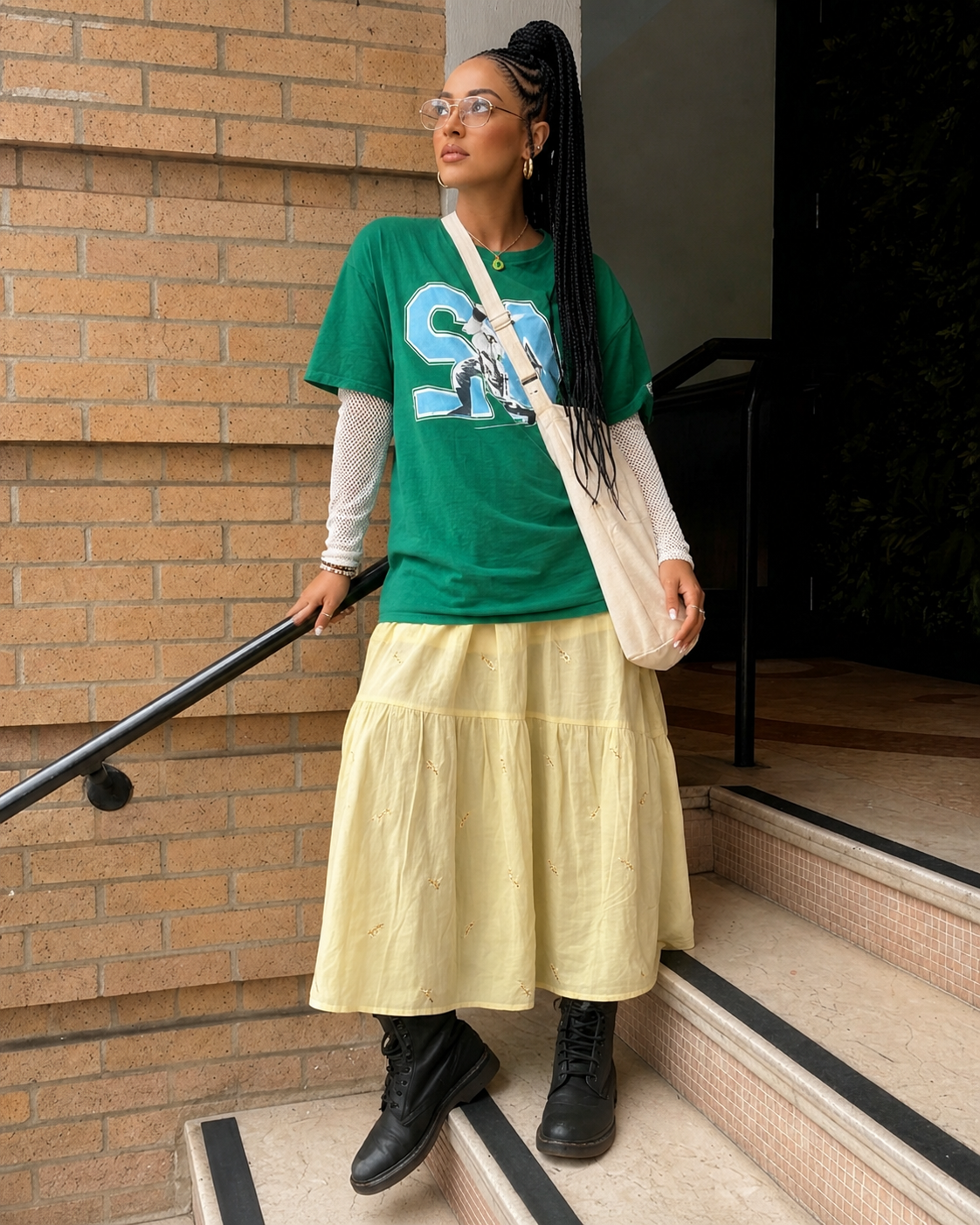Buttery-Yellow Floral-Embroidered Tiered Midi-Skirt