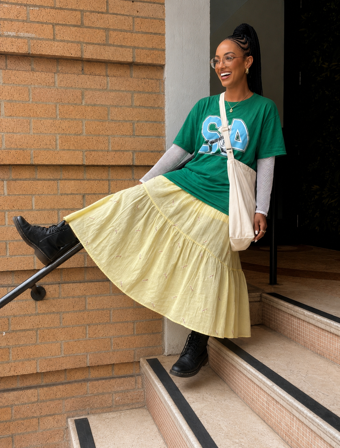 Buttery-Yellow Floral-Embroidered Tiered Midi-Skirt