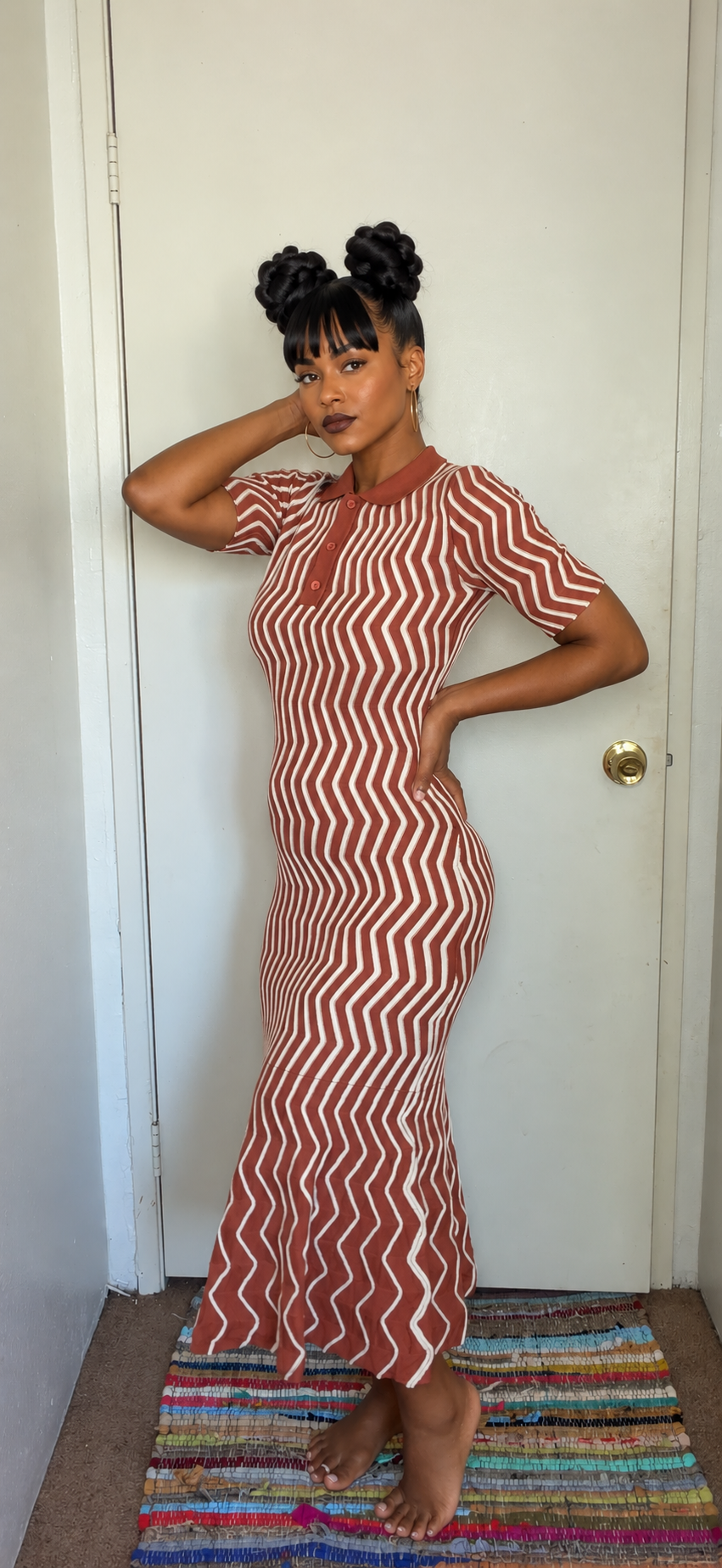 Wavy Knit Polo Maxi Dress