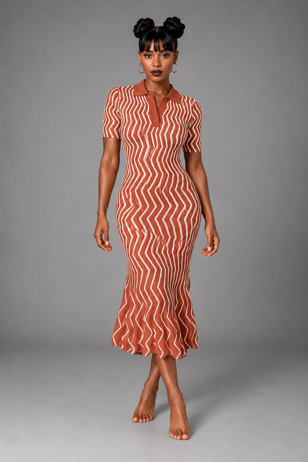 Wavy Knit Polo Maxi Dress