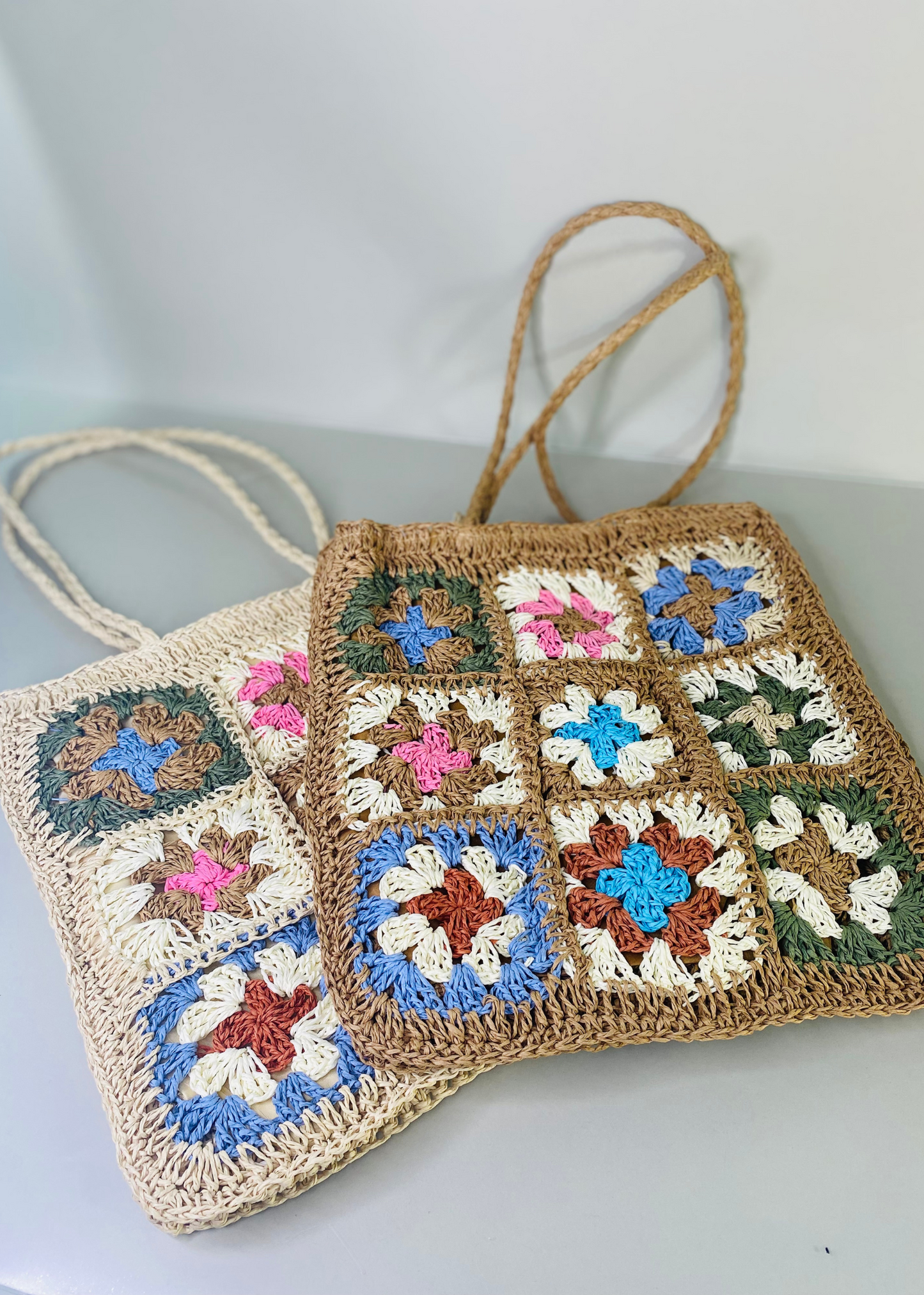 crochet tote bag with multicolor granny square pattern – lightweight woven shoulder bag for spring and summer outfits