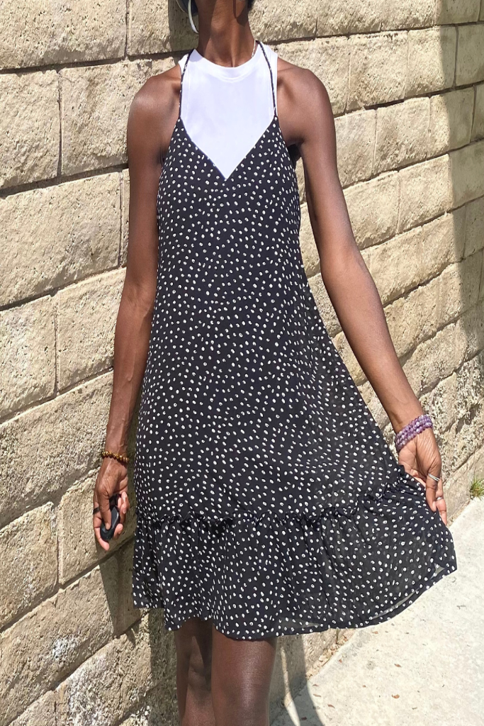Black irregular dot print cami mini dress with twisted spaghetti straps and ruffle hem – flirty sleeveless dress for everyday wear