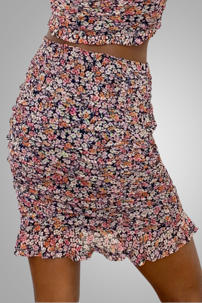 black floral ruched cami skirt set