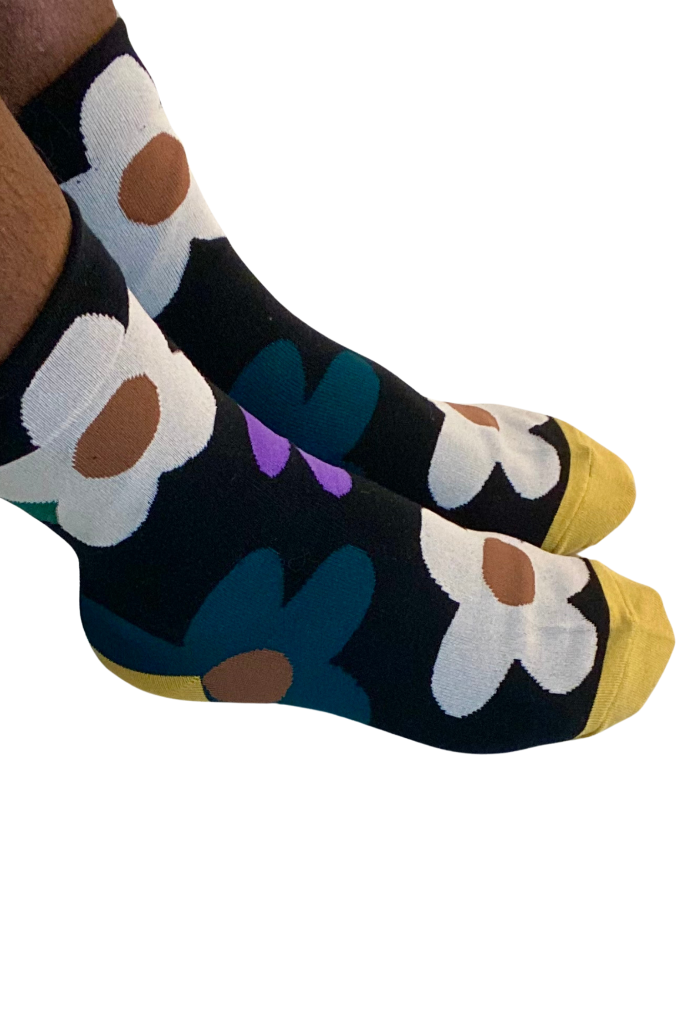 black crew socks with colorful daisy print – cozy cotton socks