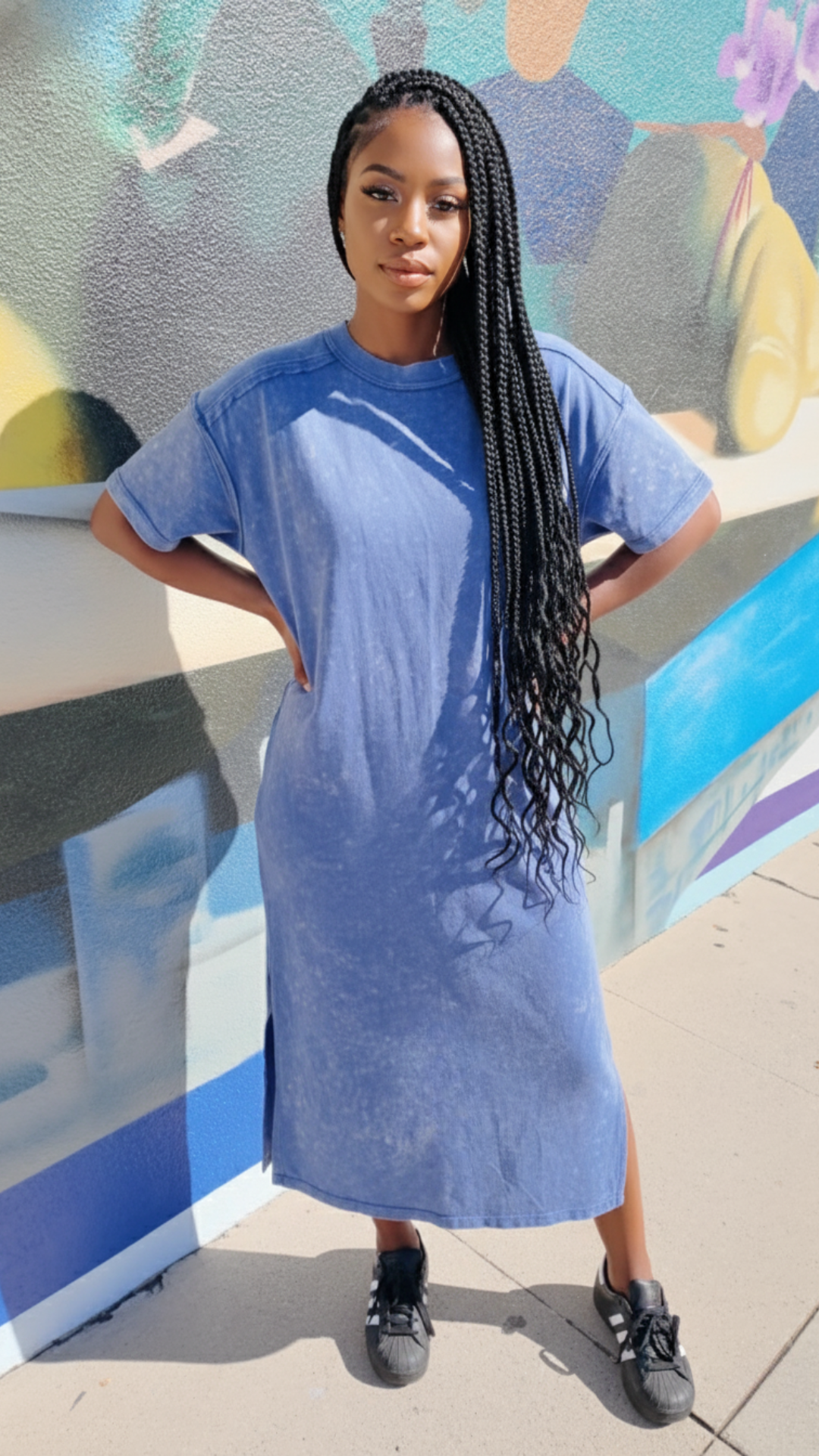 Women's washed blue maxi t-shirt dress with short sleeves, relaxed silhouette, and side slit detail. Casual blue maxi dress styled with sneakers for everyday wear and weekend outings.