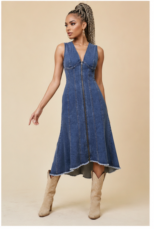 Women’s Long Denim Dress – Classic Blue, Panel Seams, Zip Detail