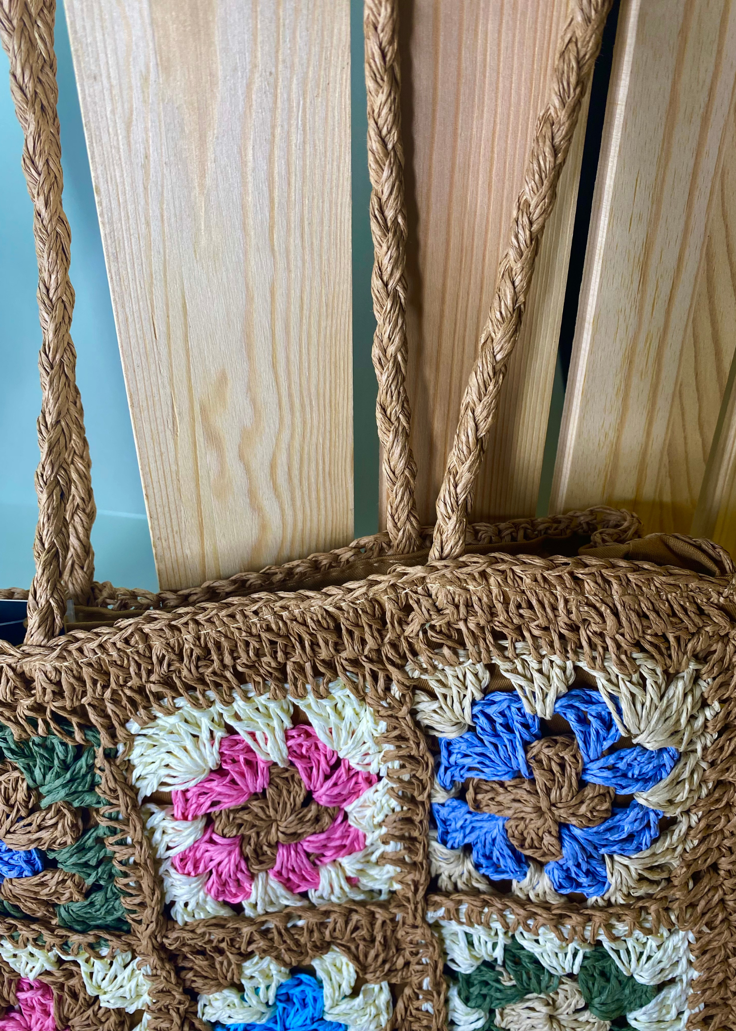 brown crochet handbag with colorful square design - versatile flower tote fro casual spring and summer outfits