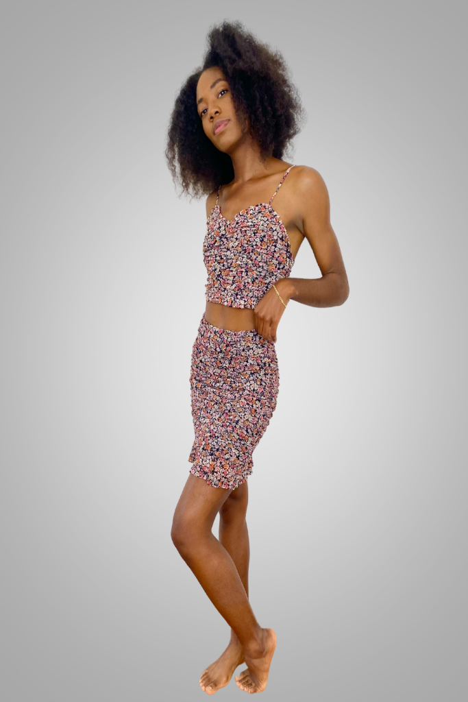 black cami skirt set with flowers and ruched detailing