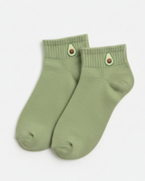 Women's sage green avocado ankle socks with embroidered avocado detail, soft knit casual crew socks for everyday wear.