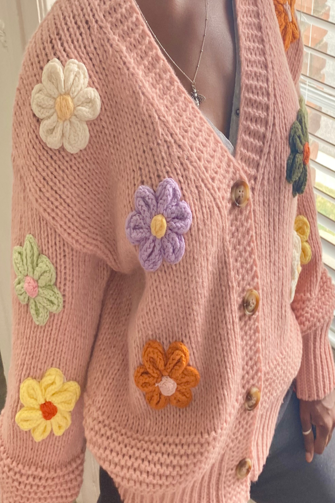 Chunky Knit Cardigan - 3D daisy flowers – Dwalwa Mae House Chunky Knit Cardigan - 3D daisy flowers – Dwalwa Mae House