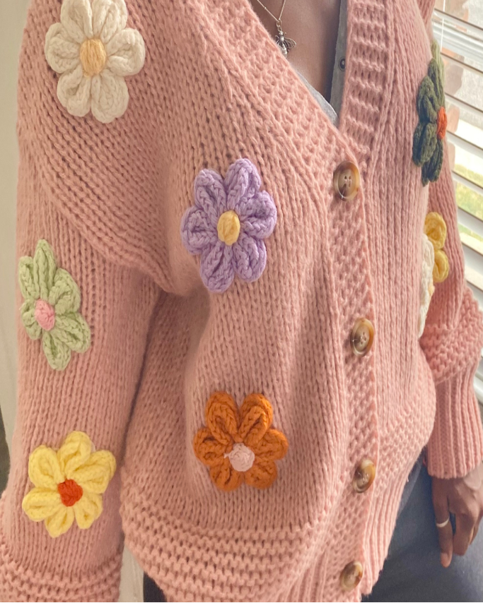 knit cardigan with 3Dd daisy flowers and tortoise buttons - cozy floral button down sweater