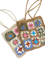 crochet tote bag with colorful floral granny square design – stylish woven handbag for casual days, beach trips, or gifting. in 2 colors: cream and khaki