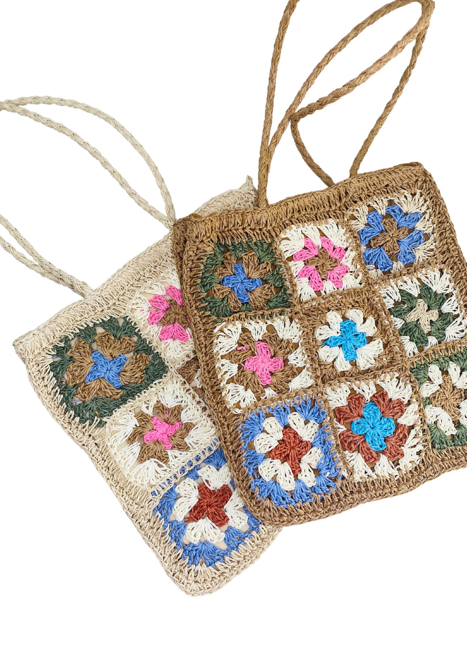 crochet tote bag with colorful floral granny square design – stylish woven handbag for casual days, beach trips, or gifting. in 2 colors: cream and khaki