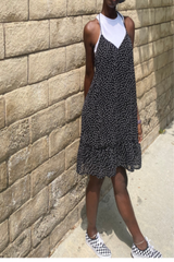 croppped white top paired with black dotted mini dress - ruffle hem -cute casual mini dress