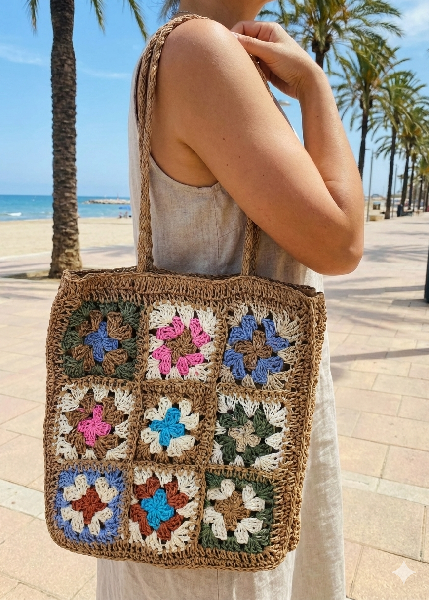 model is wearing crochet tote bag