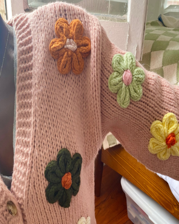 soft 3D daisy button down cardigan with colorful flowers applique - playful and warm knitwear 