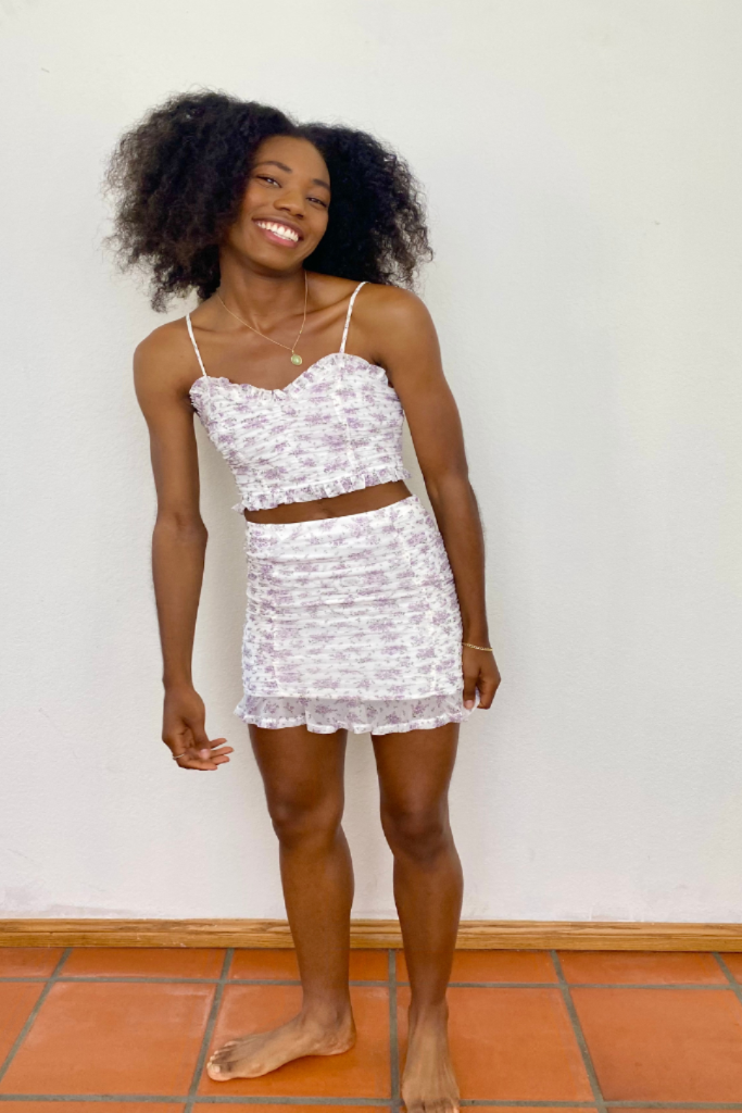 white cami  with lavender  floral print 2 piece matching set