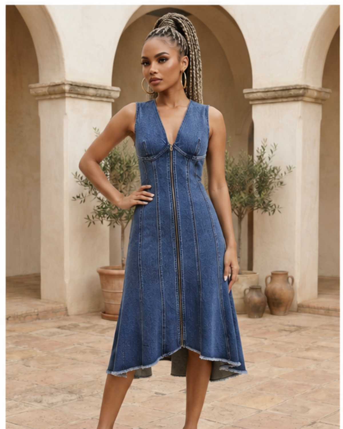 Woman wearing a long denim dress in classic blue with panel seams, front zip detail, sleeveless V-neck design, and raw hem, standing in a courtyard with arches and potted plants.