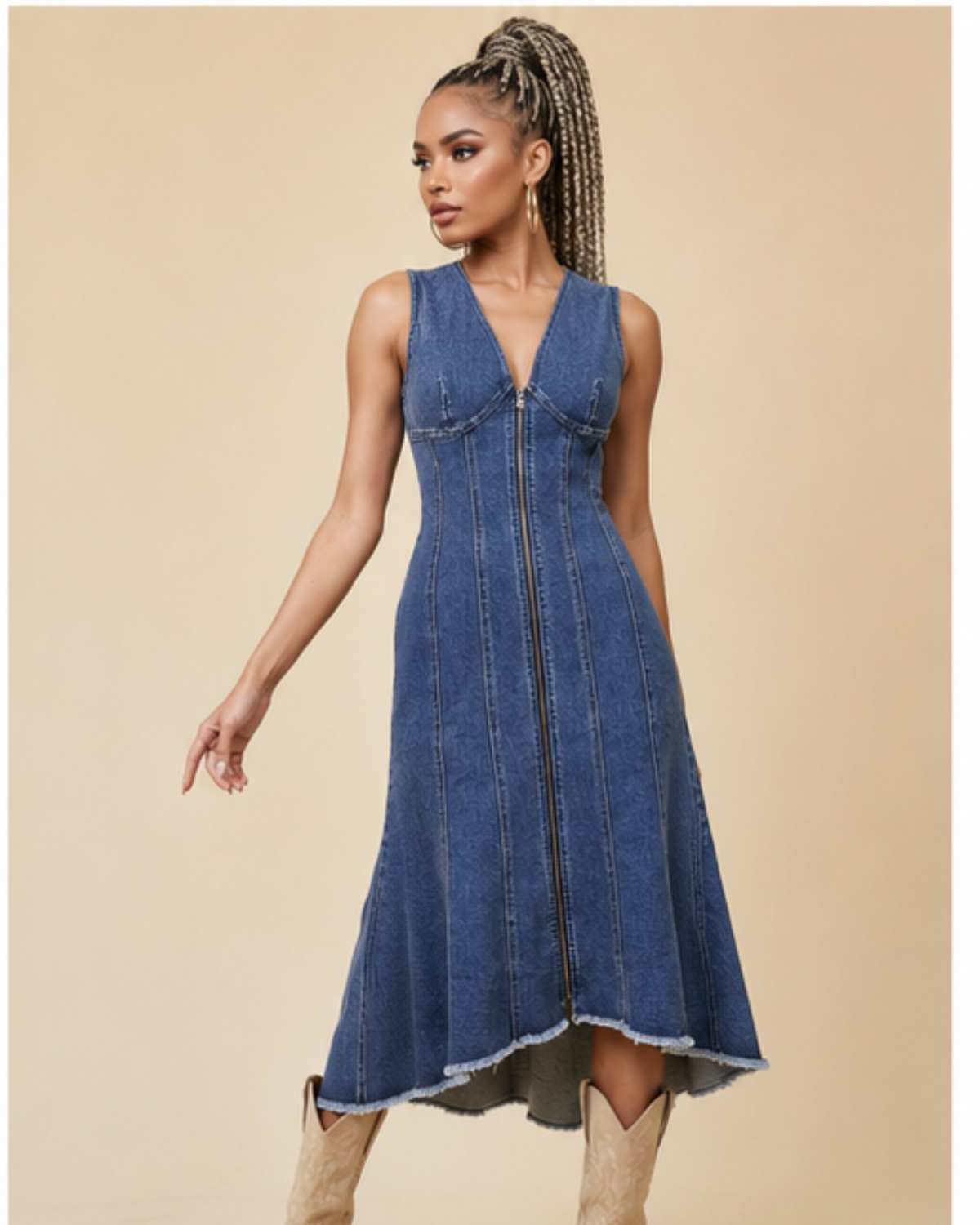 Woman wearing a long denim dress with panel seams, front zip detail, sleeveless V-neck design, and raw hem, styled with western boots.