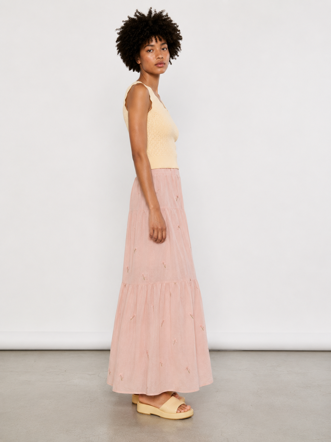 Blush Pink Floral Embroidered Tiered Midi Skirt