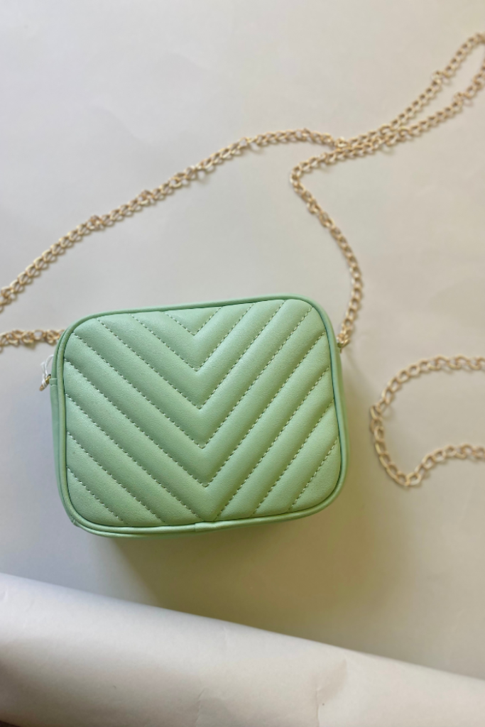 mini mint green crossover purse with gold chain strap