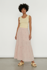 Pink Floral Tiered Midi Skirt
