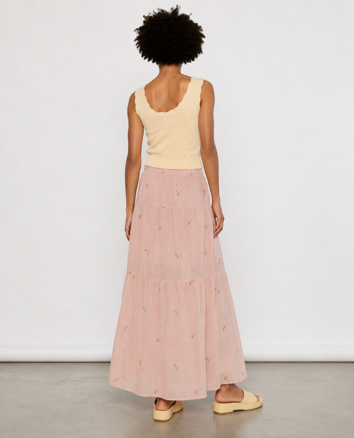 Blush Pink Floral Embroidered Tiered Midi Skirt