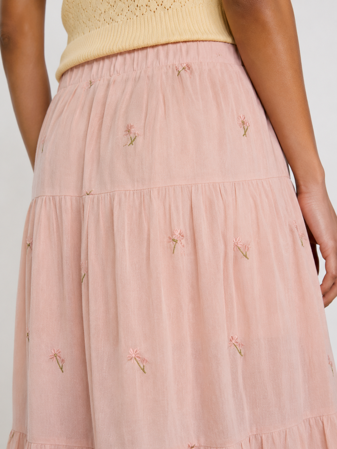 Blush Pink Floral Embroidered Tiered Midi Skirt