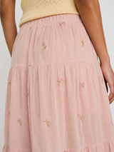 Blush Pink Floral Embroidered Tiered Midi Skirt