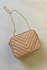 mini quilted beige purse with gold chain strap - everyday purse 