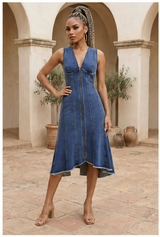 Women’s Long Denim Dress – Classic Blue, Panel Seams, Zip Detail
