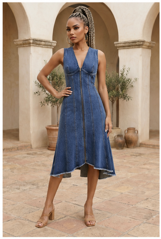 Women’s Long Denim Dress – Classic Blue, Panel Seams, Zip Detail